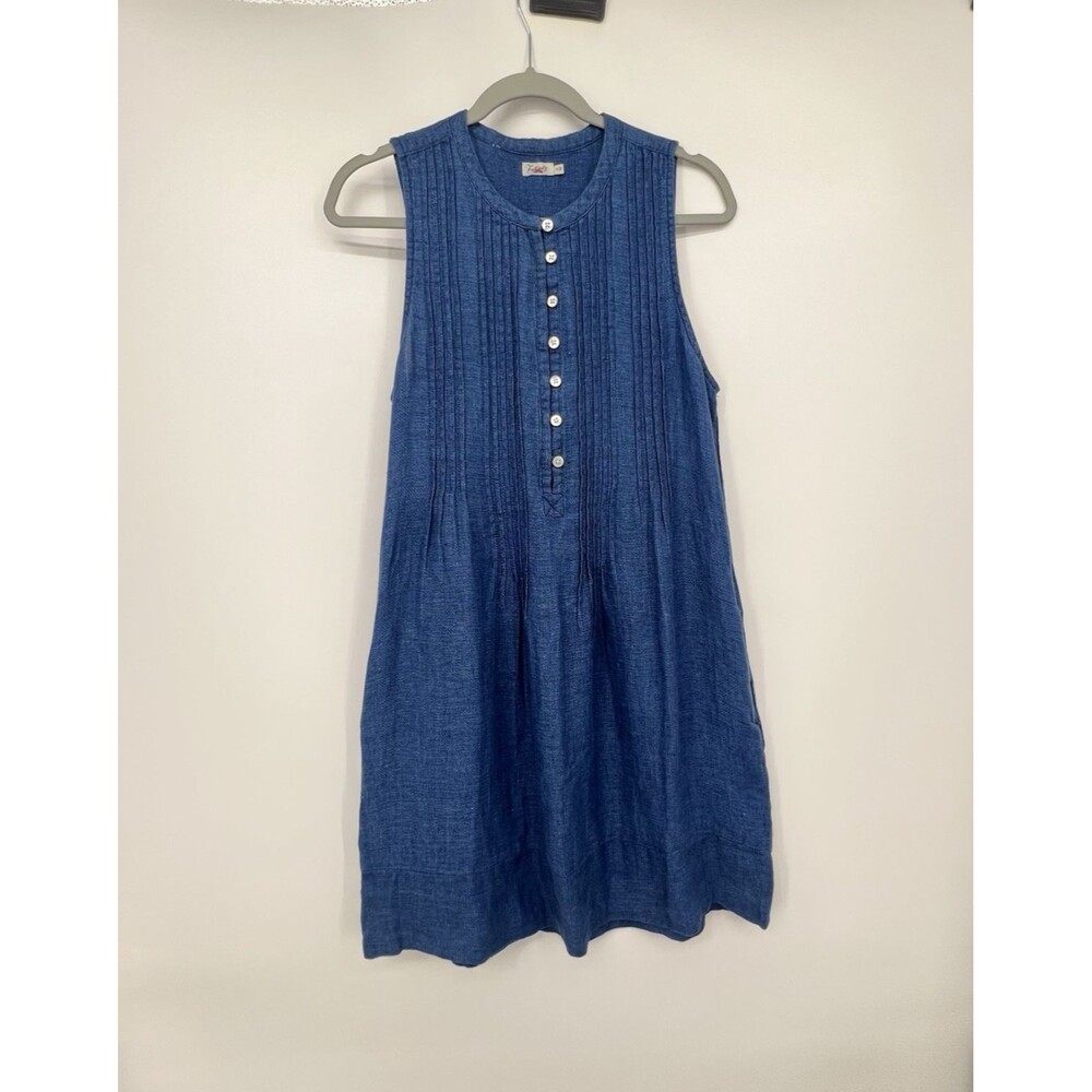 Faherty Womens Isha Linen Mini Dress Pintuck Sz S Blue Sleeveless Coastal Preppy